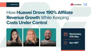 Huawei affiliate webinar banner with speakers and 190% revenue growth headline.