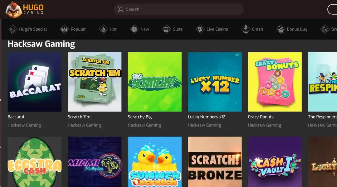 Hugo Casino interface showing Hacksaw Gaming scratchcards and games like Lucky Numbers x12.