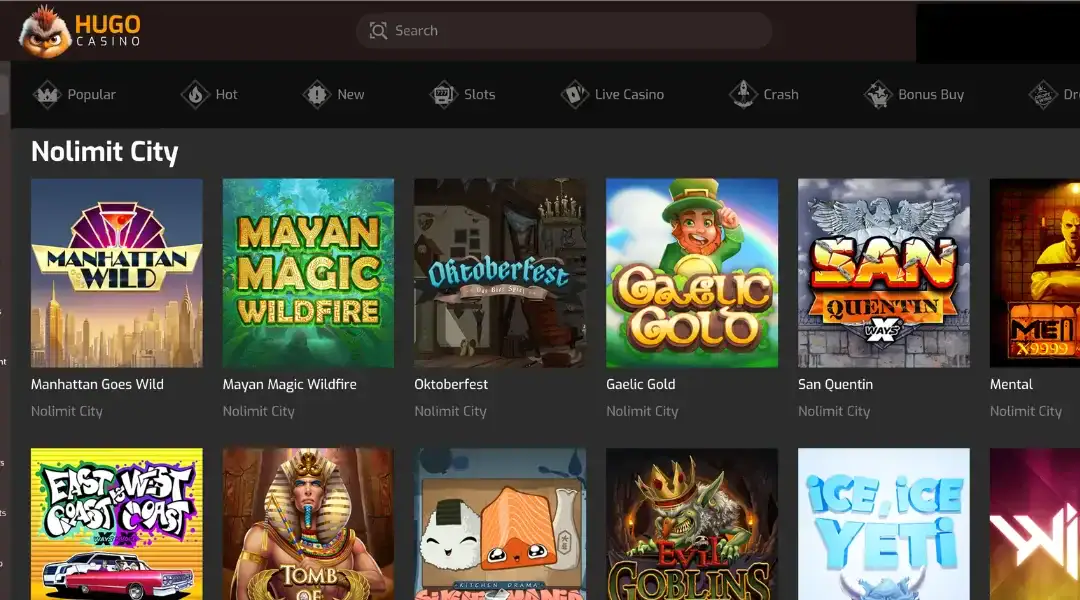 Hugo Casino game lobby showcasing a selection of Nolimit City titles in a grid layout.
