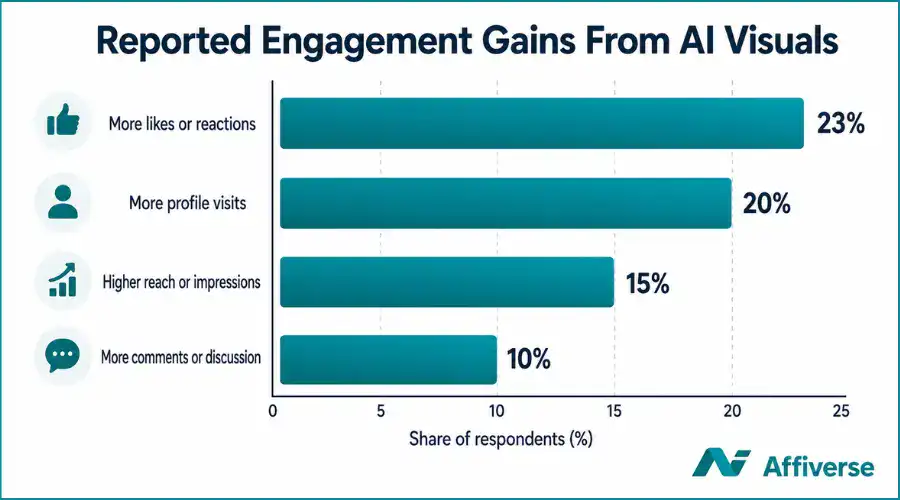 AI visual engagement chart showing likes, visits, reach and comments.