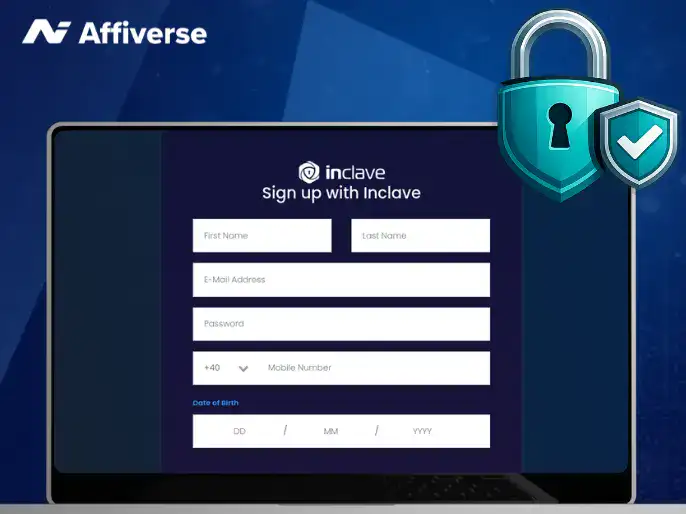 Sign-up screen of Inclave on a laptop with a shield against a blue background.