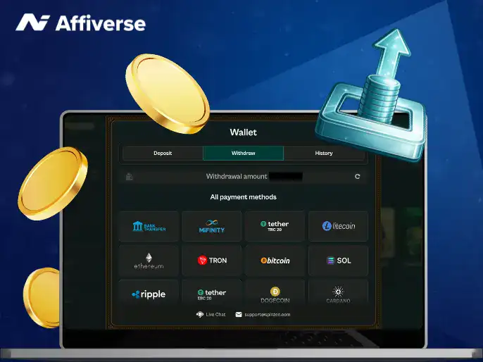 Withdrawal options on a laptop with a withdrawal symbol and coins against a blue setting.