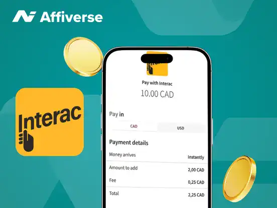 Smartphone displaying an Interac payment breakdown in CAD with floating gold coins.