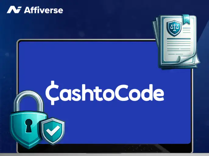 Affiverse CashtoCode graphic featuring a laptop, security locks, and legal document icons.