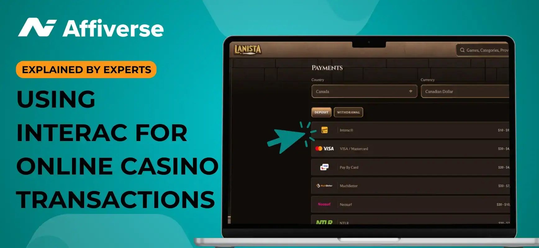 Banner for Affiverse about using Interac for casino deposits, showing a laptop with payment options.