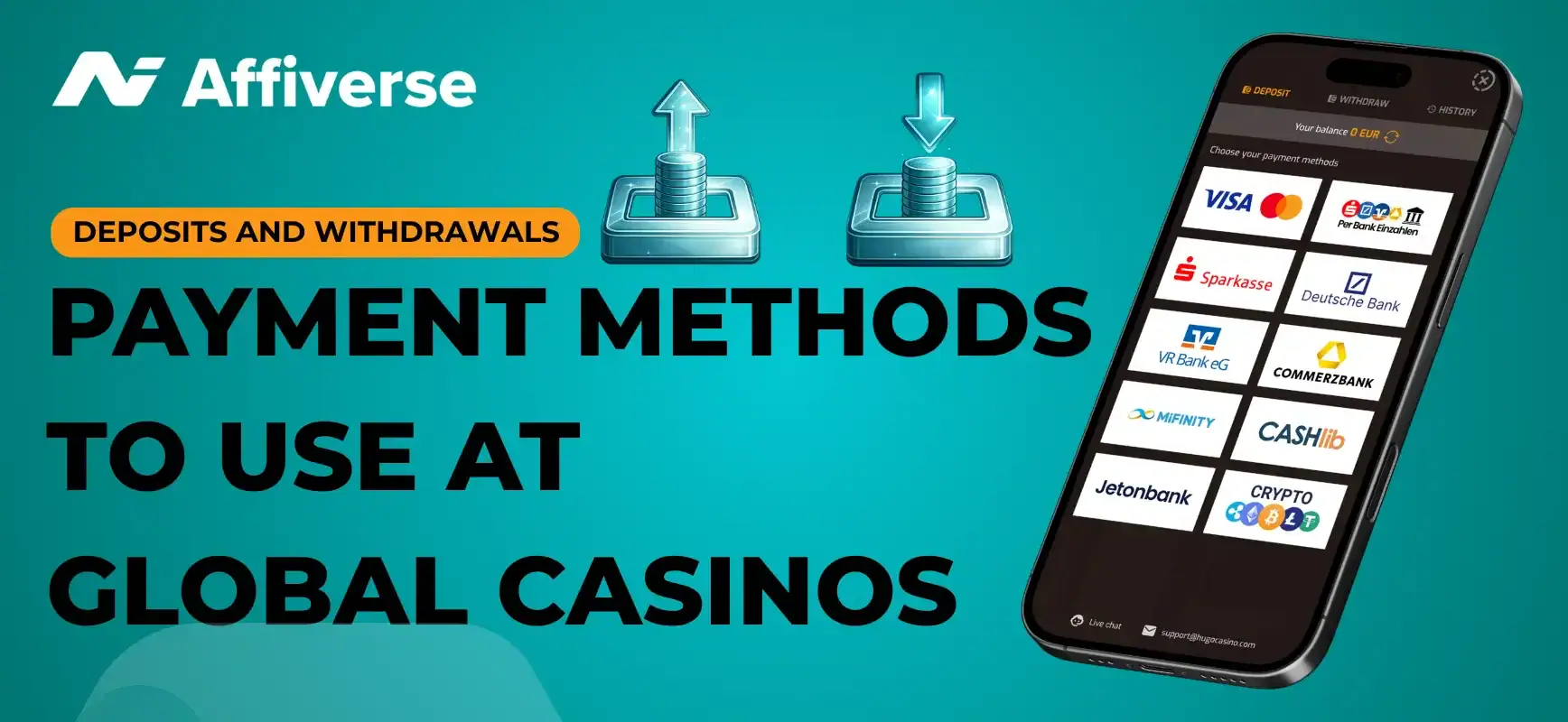 A banner about deposit and withdrawal methods players can use at global casinos.