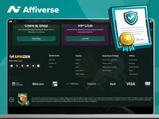 Laptop screen showing Spinzen casino footer with a license badge and a gold-sealed certificate.