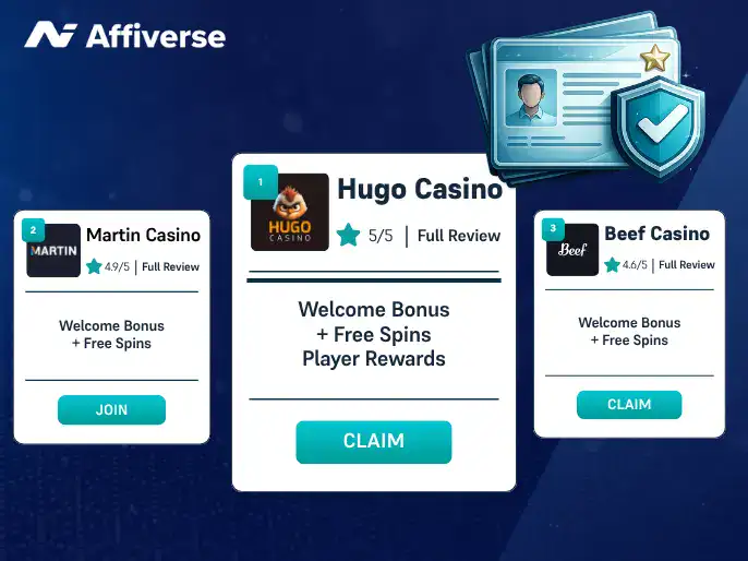 Three casino review cards for Affiverse under a verified licence icon on a blue background.