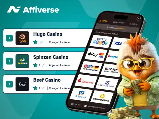 Ranking of casinos with licenses alongside a mobile screen showing various payment methods.