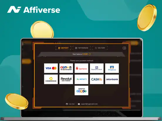Smartphone screen showing various payment methods with floating gold coins.