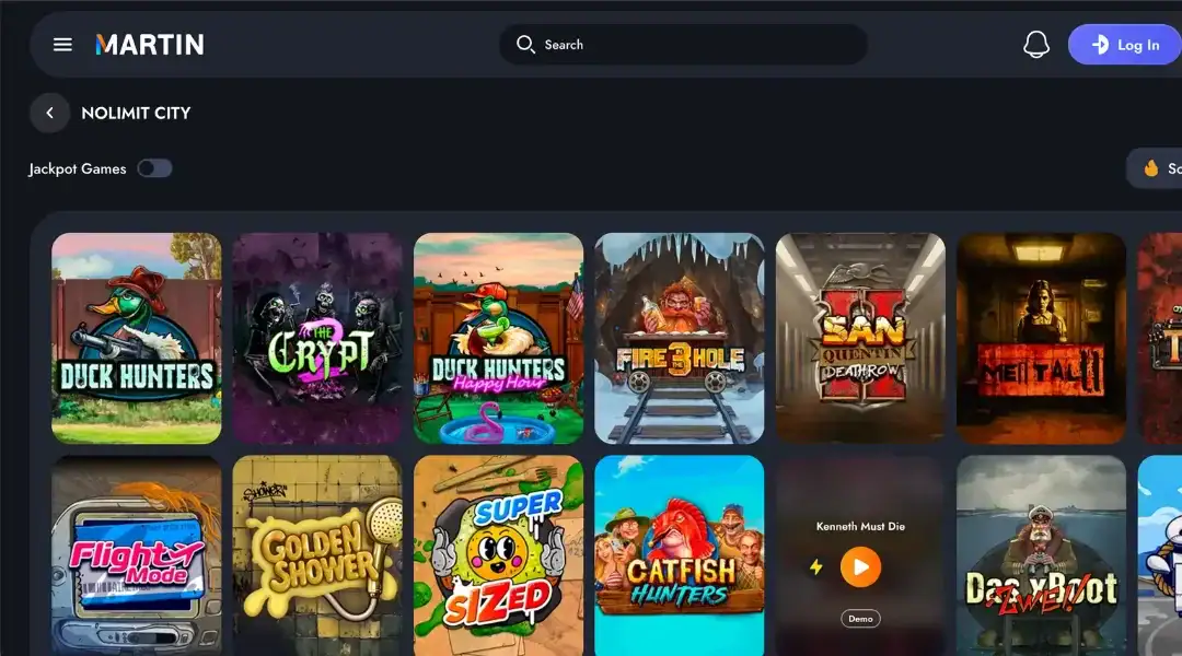 Martin website game library featuring Nolimit City slots like The Crypt and Punk Rocker.