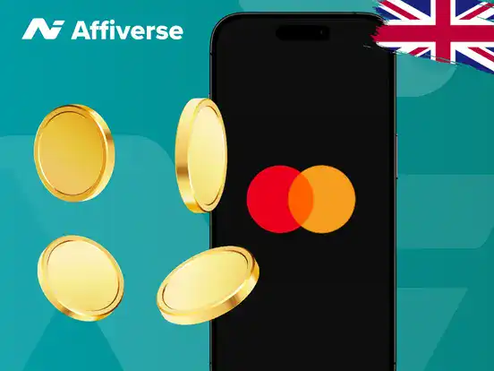 Mastercard mobile payment graphic with UK flag and gold coins