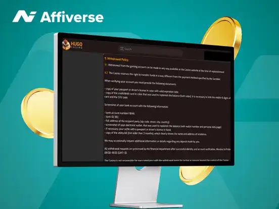 A computer monitor displays the Hugo Casino withdrawal policy text surrounded by gold coins.