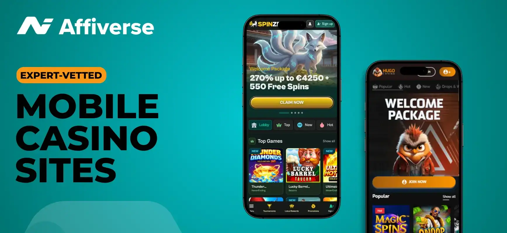 Two phones showing Spinzo and Hugo Casino apps with text Mobile Casino Sites on a teal background.
