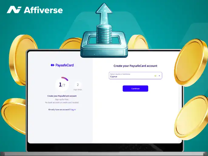 Laptop screen showing a PaysafeCard account setup with floating coins and a withdrawal icon.