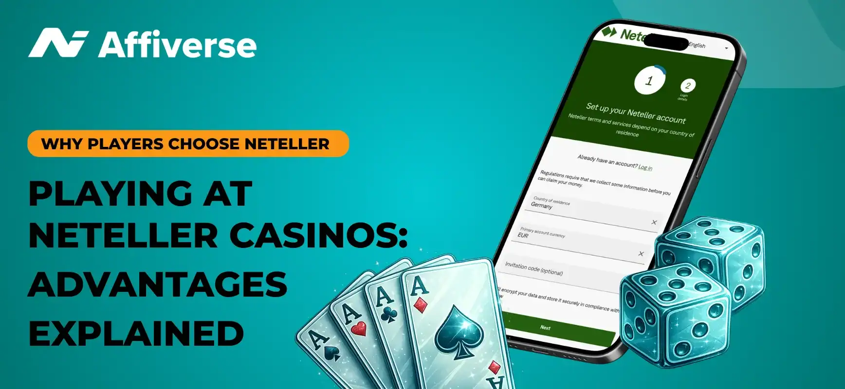 A banner for Neteller casinos featuring a smartphone, four aces, and two blue glowing dice.