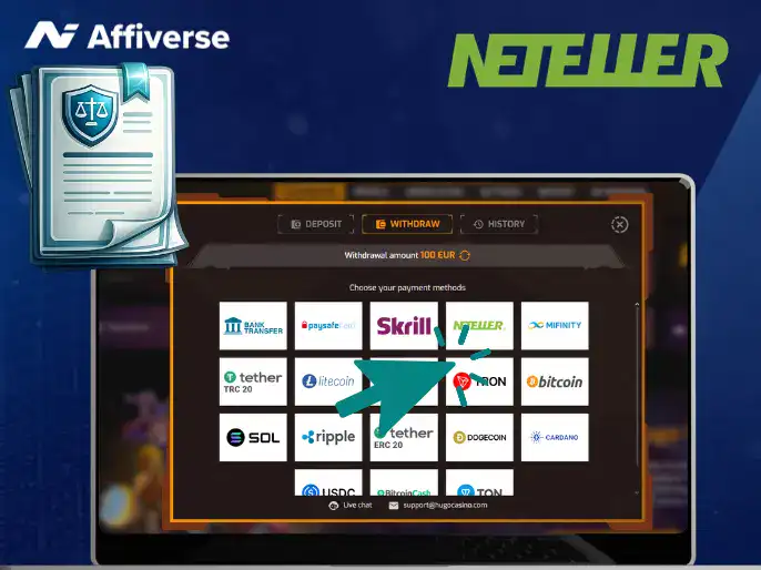 A casino payment page on a laptop and mobile showing Neteller as a deposit option.