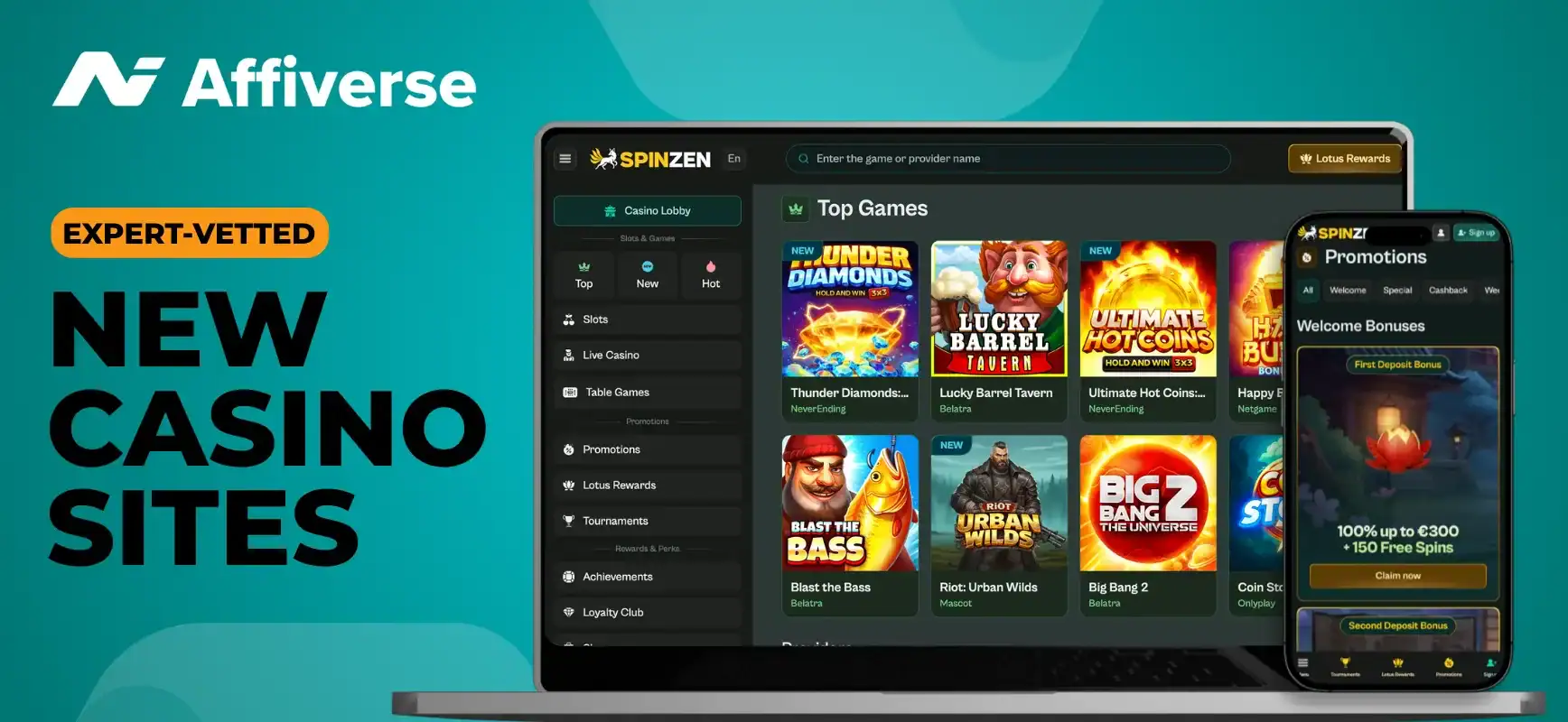 A banner about new online casinos, showing top games and bonuses.