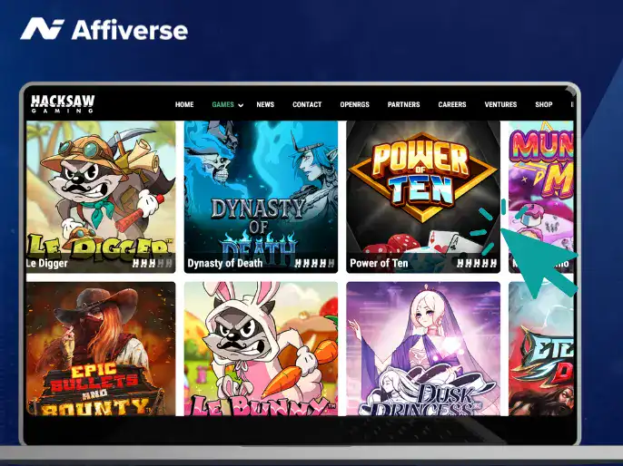 A laptop displaying new slot game releases by Hacksaw.