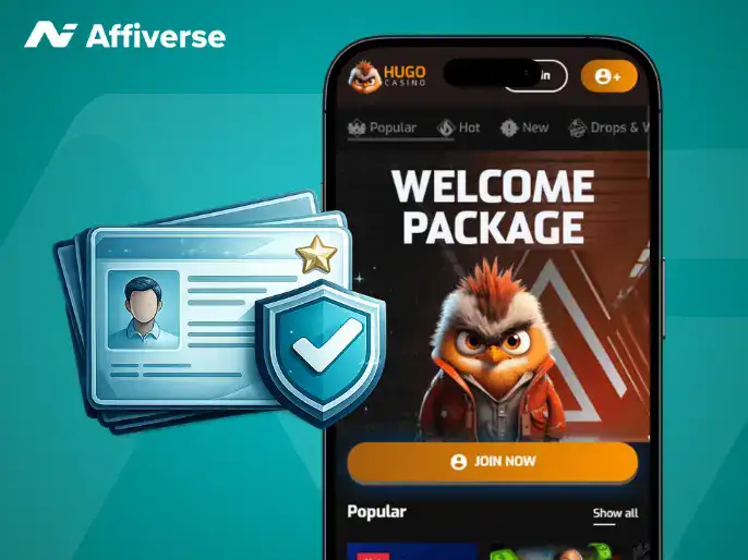 Casino welcome package on mobile with ID verification icons