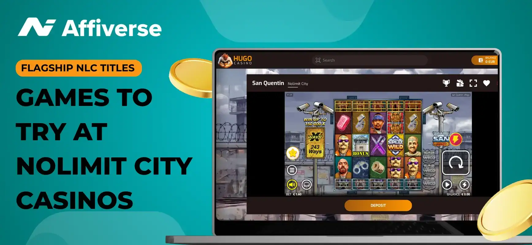Laptop screen showing the San Quentin xWays slot game by Nolimit City on the Hugo Casino website.