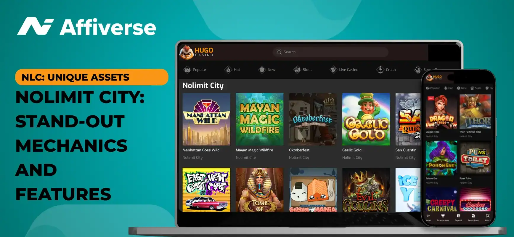 Laptop and smartphone showing Nolimit City slot game thumbnails on the Hugo Casino website.