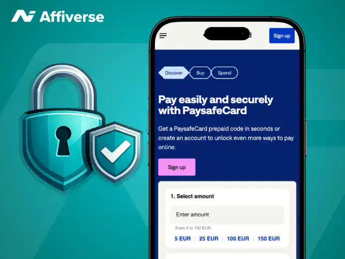 A smartphone showing a PaysafeCard secure payment screen next to a teal padlock and shield icon.