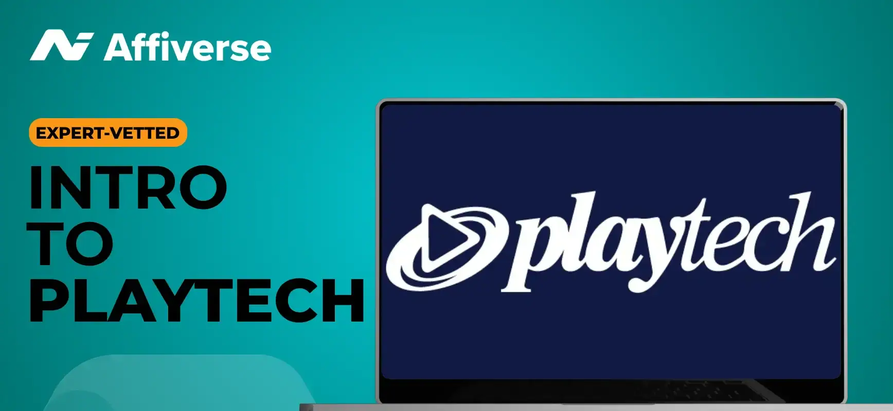 Laptop screen displaying the Playtech logo with text Intro to Playtech on a teal background.