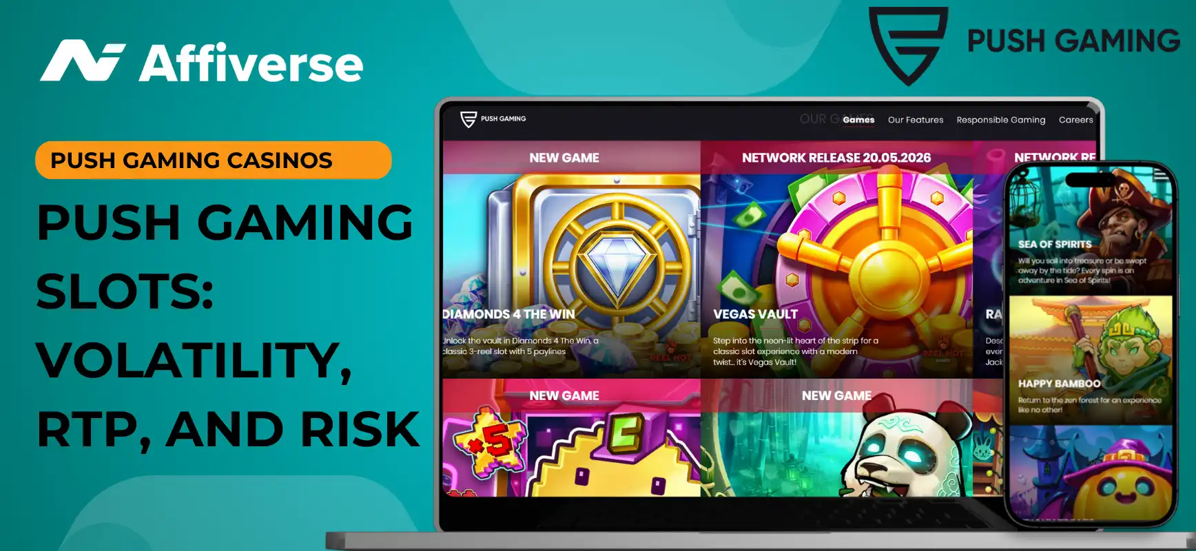 Banner with the text Push Gaming Slots: Volatility, RTP, and Risk