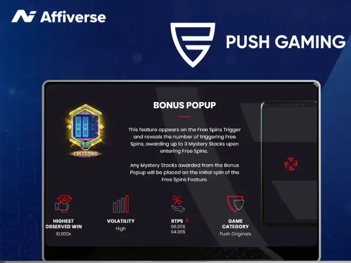 Push Gaming bonus popup feature with volatility, RTP, and max win details