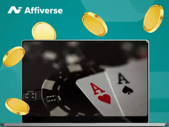 A laptop screen displays two aces and poker chips surrounded by falling gold coins.