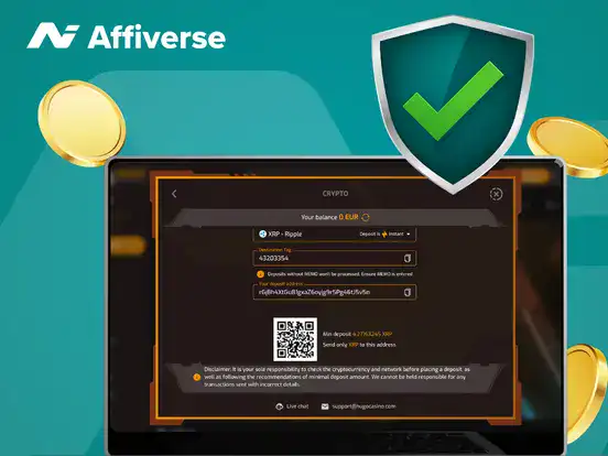 Laptop screen showing a crypto deposit address and QR code with a green check security shield.