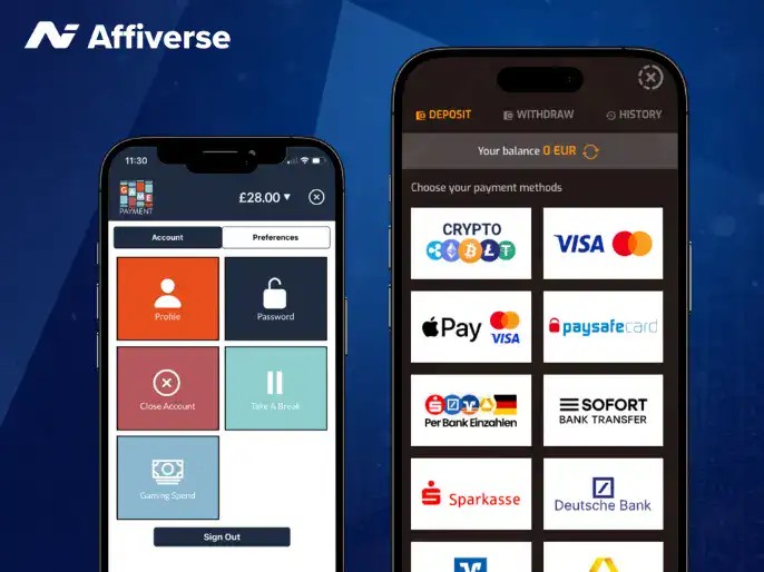 Two smartphones showing responsible gaming settings and a list of various payment methods.