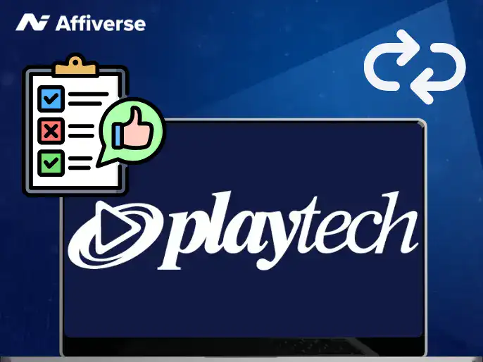 Laptop screen with Playtech logo, a testing checklist with a thumbs-up, and a refresh icon.