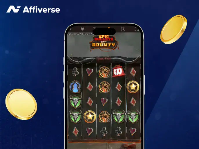 Mobile phone showing the Epic Bullets and Bounty slot game by Hacksaw.