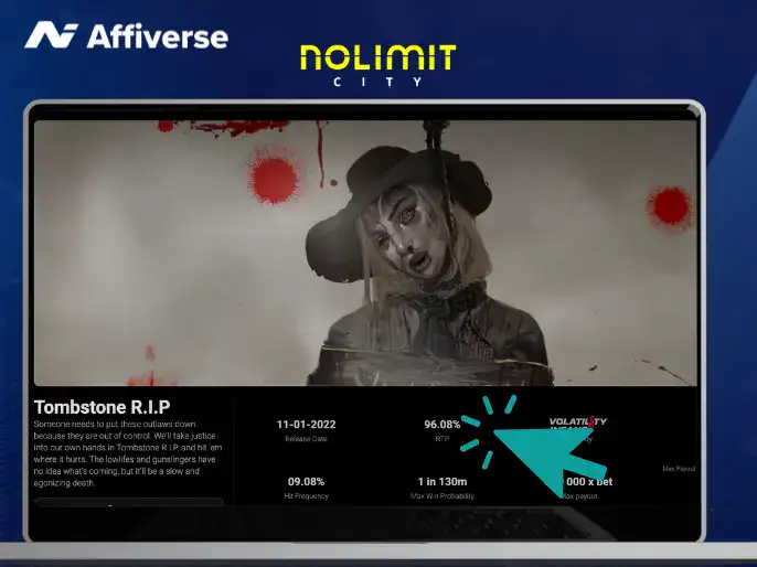 Laptop screen displaying Tombstone R.I.P game stats with a cursor pointing to the 96.08% RTP.