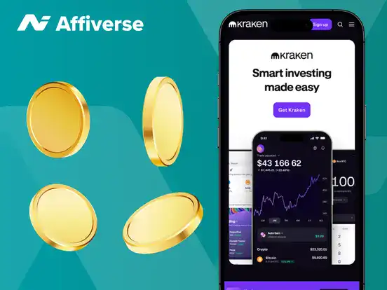 A smartphone displaying the Kraken investing app interface next to four floating gold coins.