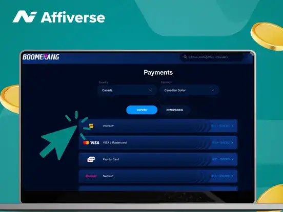 Laptop screen showing a casino payment menu with a cursor selecting the Interac deposit option.
