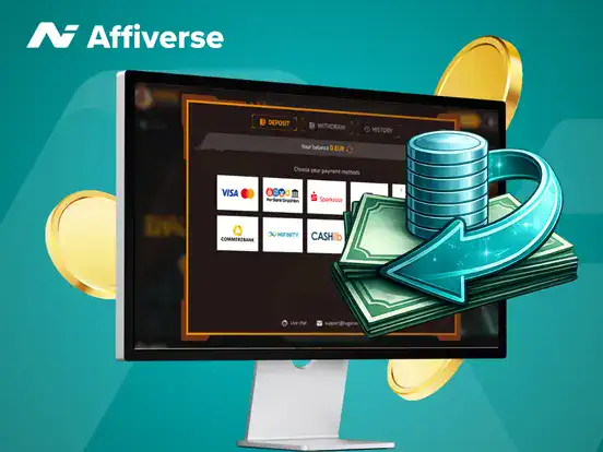 A computer monitor showing payment options with floating gold coins and a stack of cash.
