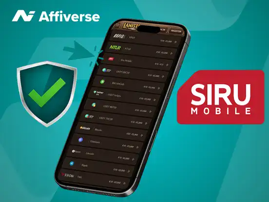 Mobile app showing a list of payment methods alongside a green check shield and Siru Mobile logo.