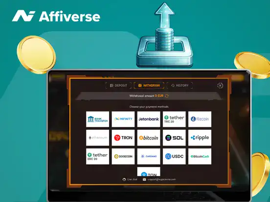 Laptop screen showing withdrawal methods and a coin icon with floating gold coins.