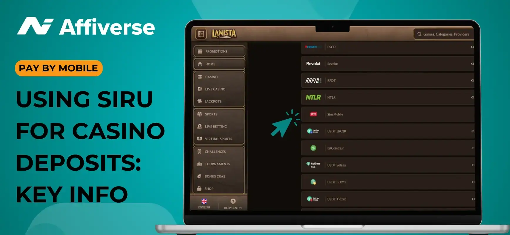Banner for Affiverse about using Siru for casino deposits, showing a laptop with payment options.