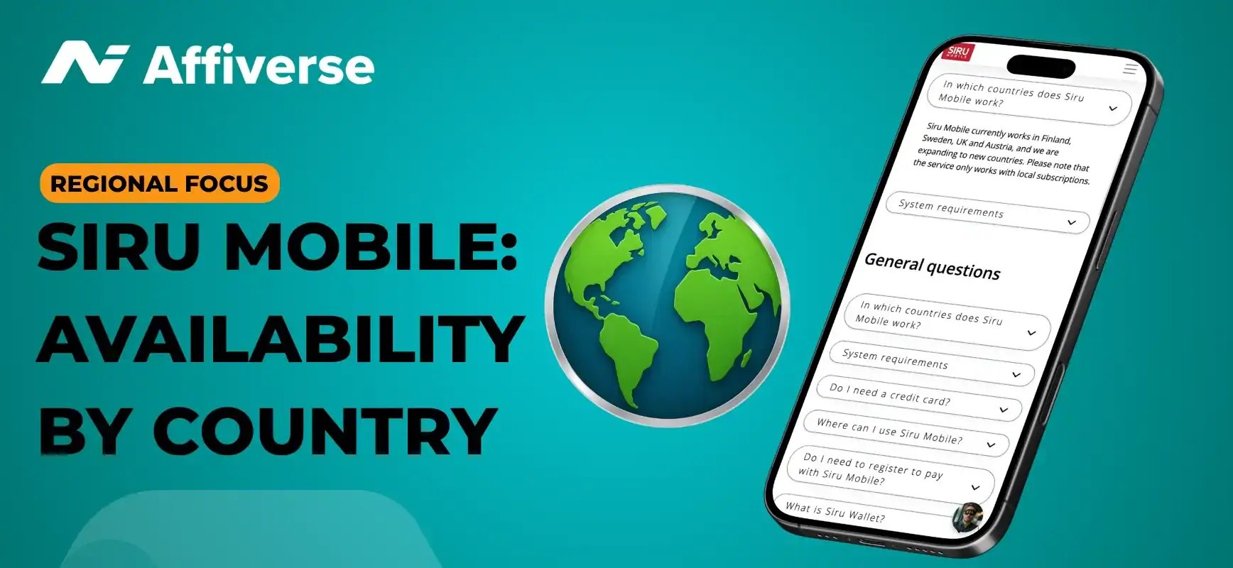 Banner for Affiverse about Siru Mobile country availability, featuring an globe and a smartphone.
