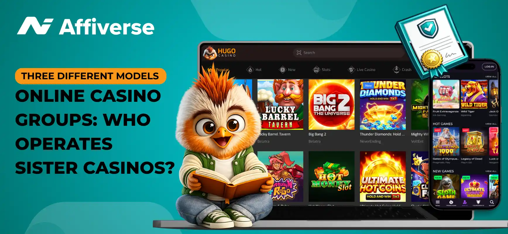 Animated bird character reading a book in front of a laptop showing casino games and a certificate.