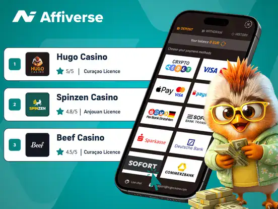 Casino rankings, payment options, and a mascot holding cash