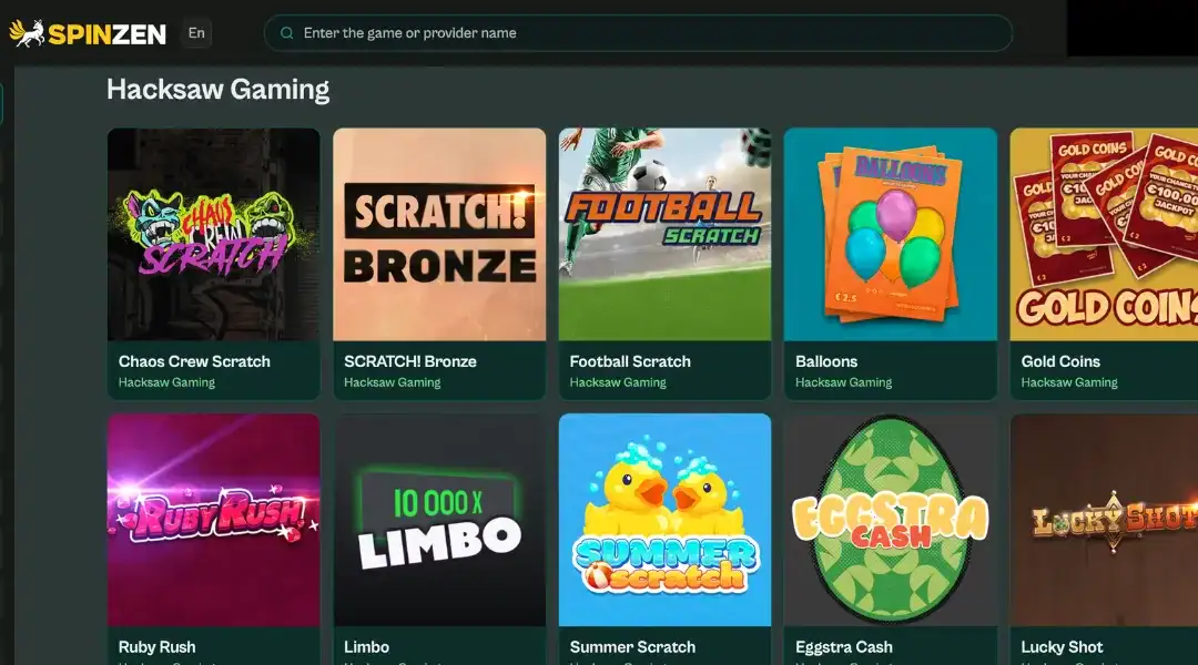Spinzen casino page featuring Hacksaw Gaming titles like Chaos Crew Scratch and Balloons.