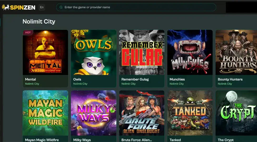 Spinzen website displaying Nolimit City games including Mental, Owls, and Remember Gulag.