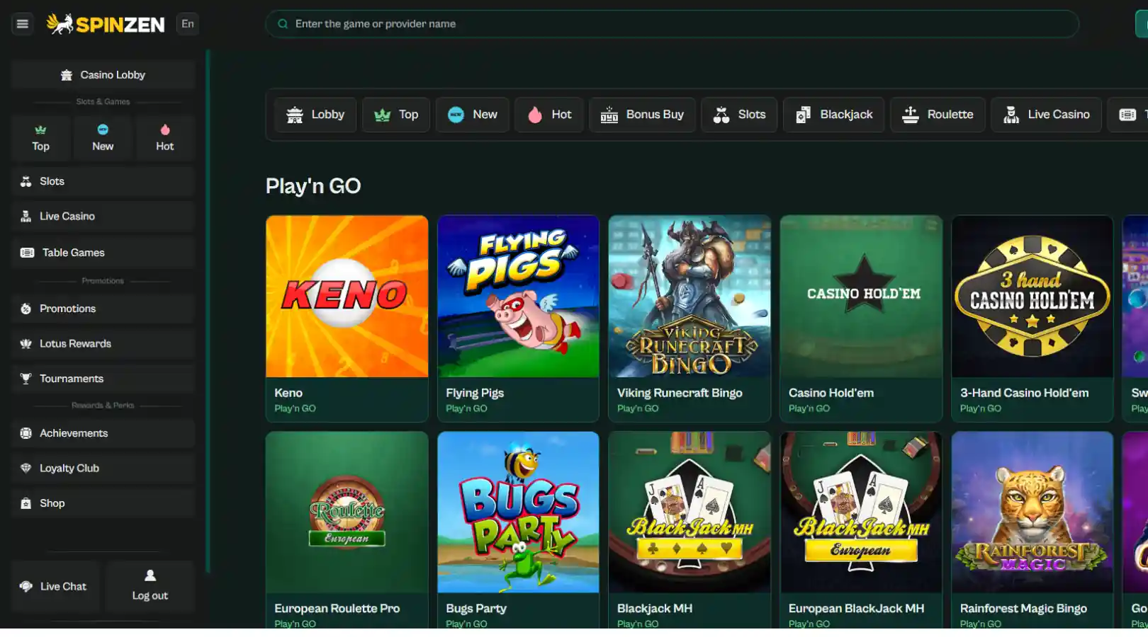 Play'n GO games in Spinzen Casino's library against a green background. 