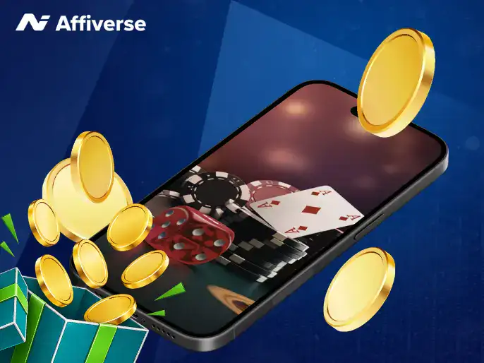 A smartphone showing casino dice and cards with gold coins flying out of a gift box.