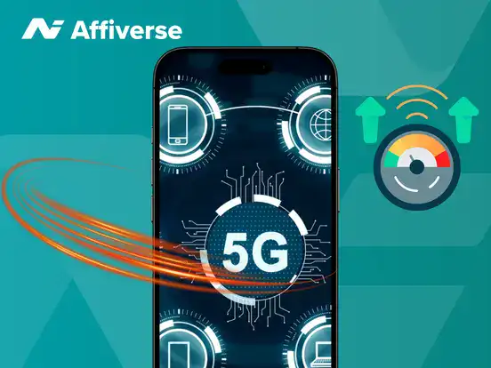 A smartphone displaying a 5G connection icon next to a speed test meter on a teal background.